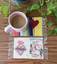 Load image into Gallery viewer, Mug Rug/ Sarape Reversible Tapetito / Yellow/ Mexican couple &amp; Heart