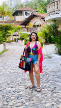 Load image into Gallery viewer, Sarape Mesh Tote Bag Purple w/ pompón