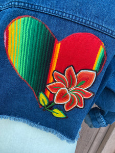 Isas Corazón  Cropped Denim Jacket- Orange Flower, Small