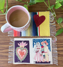 Load image into Gallery viewer, Mug Rug/ Sarape Reversible Tapetito / Yellow/ Mexican Couple &amp; Heart