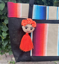 Load image into Gallery viewer, Sarape Mesh Tote Bag/ Tan &amp; Orange w/pompón