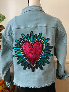 Isas Las Flores Cropped Teal Denim Jacket - oversized XL