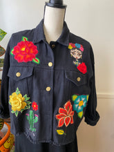 Load image into Gallery viewer, Isas Las Flores Frida Cropped Black  Denim Jacket - Large