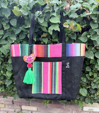 Load image into Gallery viewer, Sarape Mesh Tote Bag/Pink and Green w/pompón