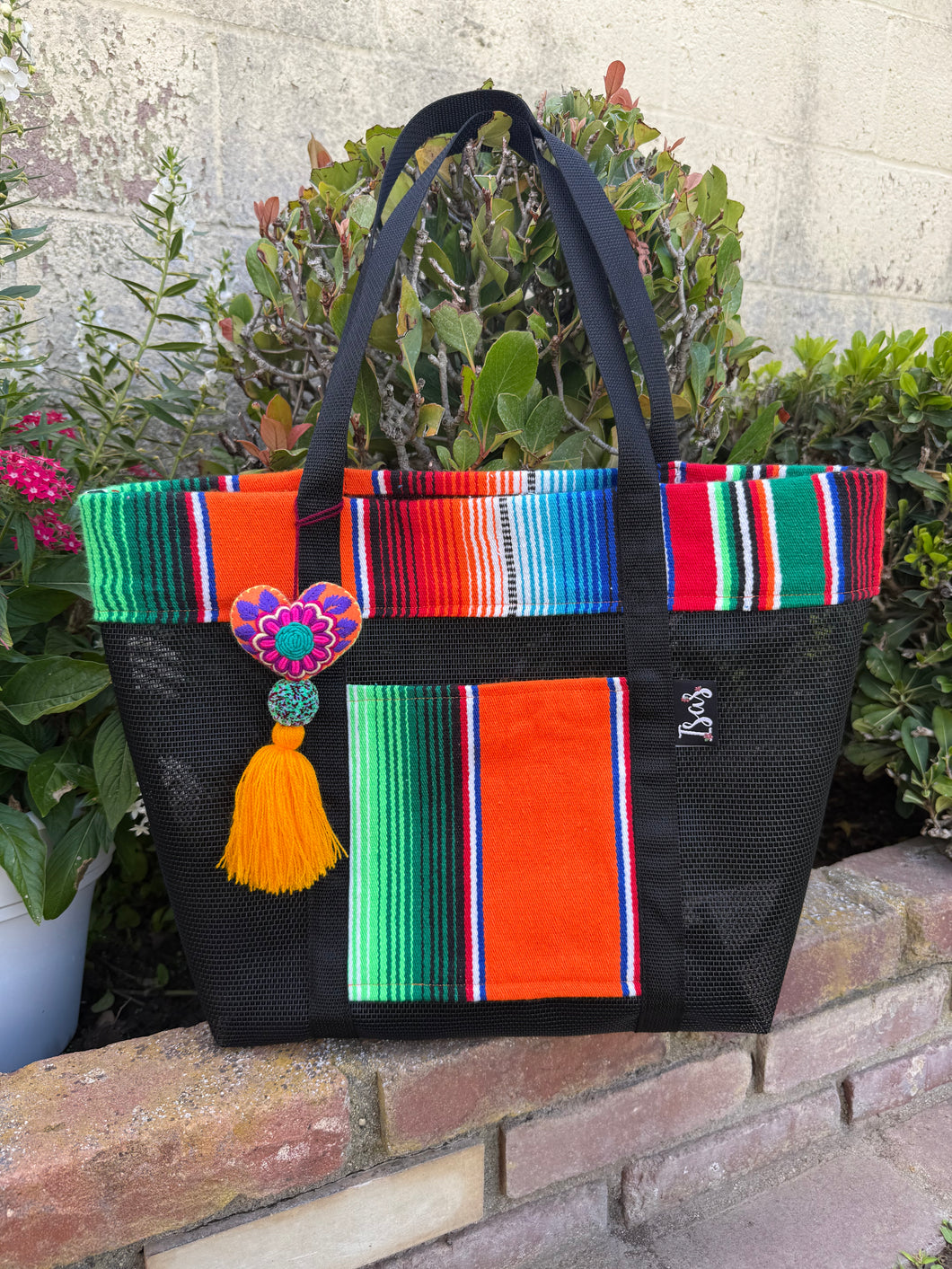 Sarape Mesh Tote Bag Orange w/ Pompón