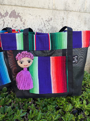 Sarape Mesh Tote Purple w/ pómpon