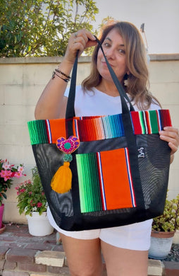 Sarape Mesh Tote Bag Orange w/ Pompón