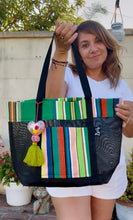 Load image into Gallery viewer, Sarape Mesh Tote Bag Green w/ Pómpon