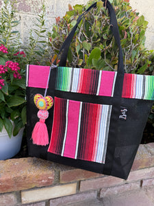 Sarape Mesh Tote Bag Pink w/ Pómpon