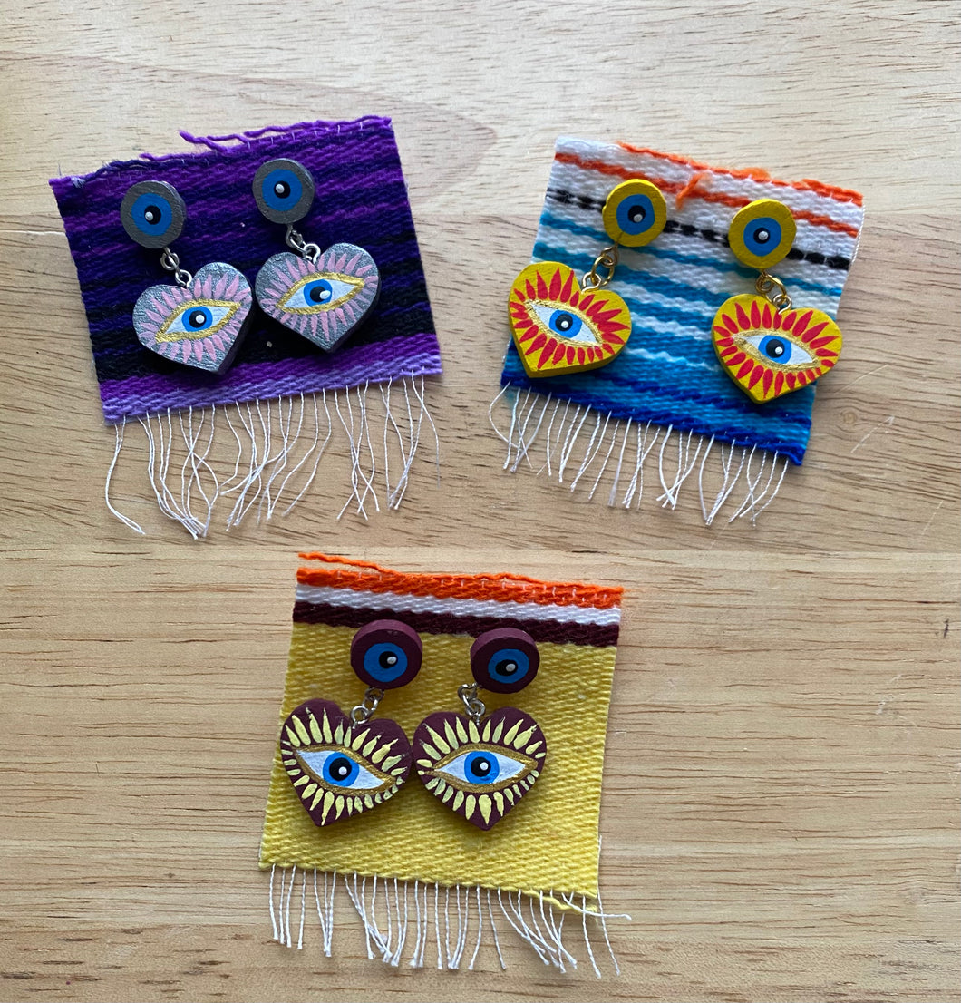 Evil Eye Corazónes Aretes, Palma,  Heart Evil Eye Earrings