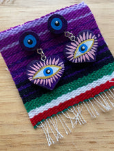 Load image into Gallery viewer, Evil Eye Corazónes Aretes, Palma,  Heart Evil Eye Earrings