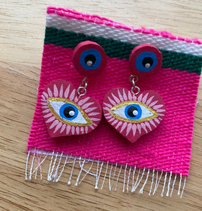 Evil Eye Corazónes Aretes, Palma,  Heart Evil Eye Earrings