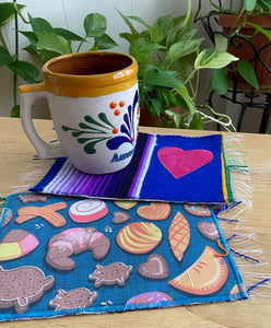 Mug Rug/ Sarape Reversible Tapetito - Blue/ Pan Dulce