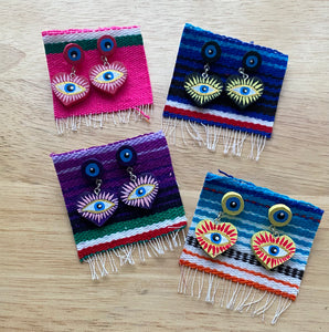 Evil Eye Corazónes Aretes, Palma,  Heart Evil Eye Earrings