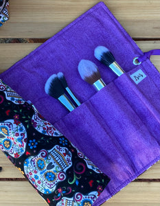 Las Calaveras  Makeup Brush Roll - Black w/Purple