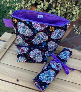 Las Calaveras  Makeup Brush Roll - Black w/Purple