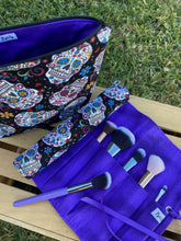 Load image into Gallery viewer, Las Calaveras  Makeup Brush Roll - Black w/Purple
