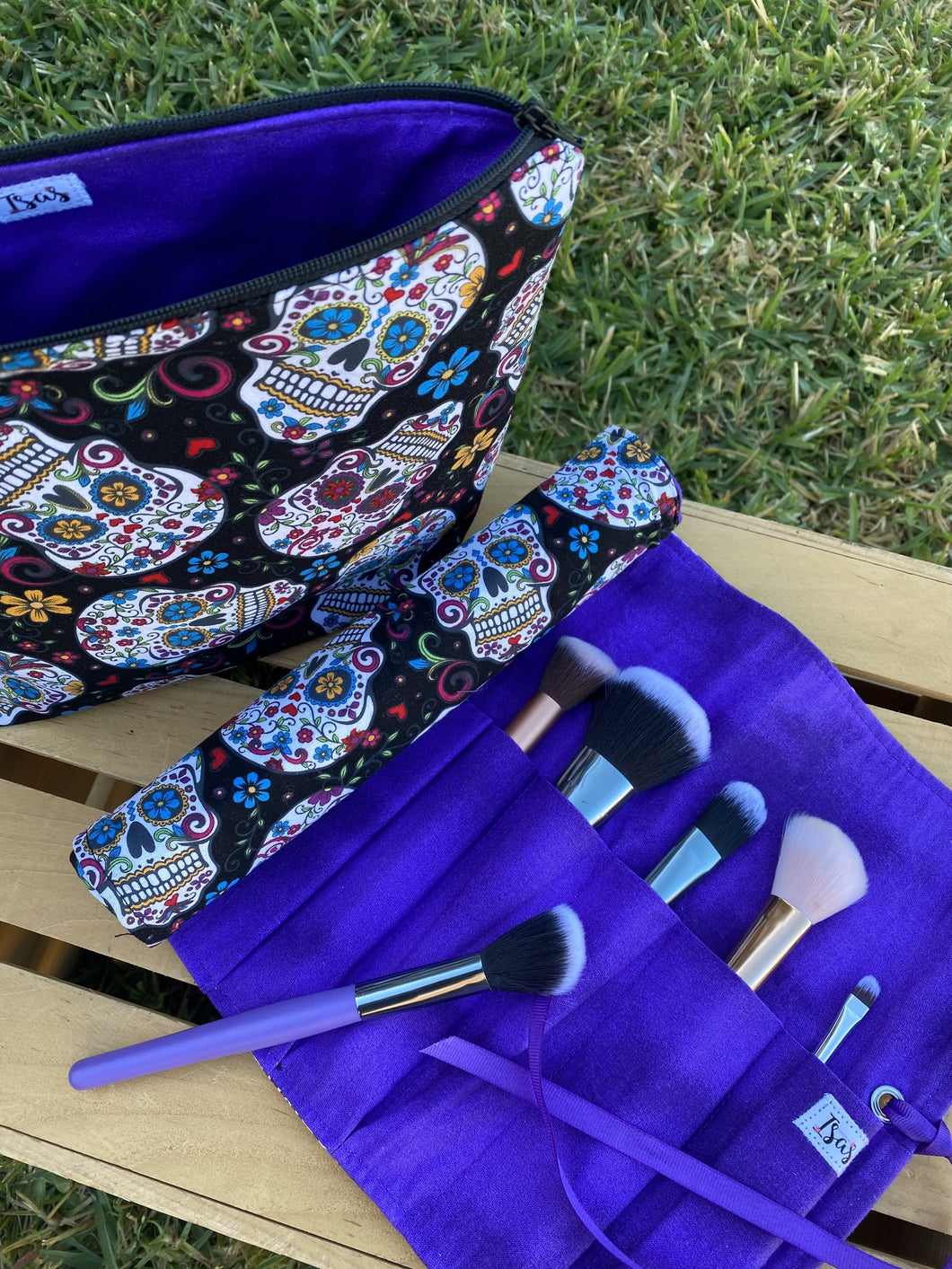 Las Calaveras  Makeup Brush Roll - Black w/Purple