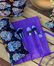 Load image into Gallery viewer, Las Calaveras  Makeup Brush Roll - Black w/Purple