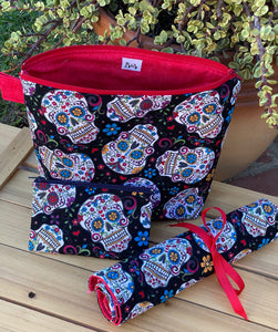 Las Calaveras  Makeup Brush Roll - Black w/Red