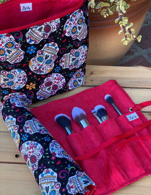 Las Calaveras  Makeup Brush Roll - Black w/Red