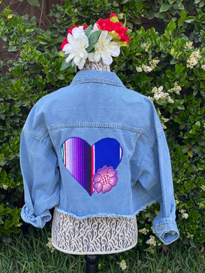 Isas Corazón  Denim Jacket- Oversized Cropped, Light Blue  Denim- Purple Flower- Medium